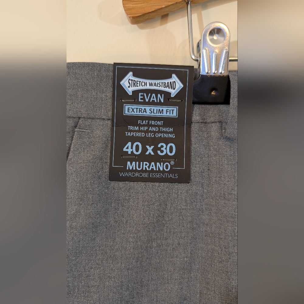 Murano Men's Evan Extra Slim Fit Flat Front Grey Chino Dress Pants Tapered 40x30 - Picture 2 of 8